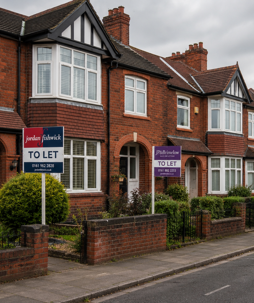 A row of residential properties with To Let signs outside